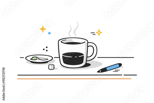Half-finished cups on tables. Simple table scene with a mug partially filled, faint steam and soft shadows around it. Quiet pause and