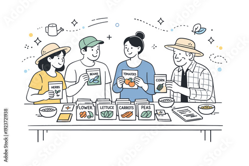 Community seed exchange table. People gather around a table filled with labeled seed packets, sharing and trading varieties, abstract floating dots and stars