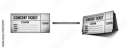 Perforated concert ticket design. A perforated concert ticket design is depicted in three views: flat front view, side profile view, and
