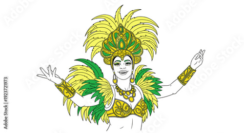 Festive carnival dancer in brazilian costume with colorful feathers and joyful expression