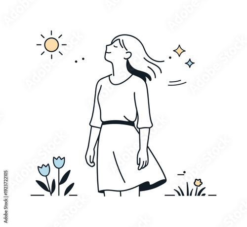 Women standing in spring sunlight. A woman stands quietly in soft sunlight, face turned slightly upward, posture relaxed. Gentle warmth and