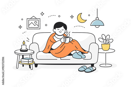 Cozy home seasonal scene. A person relaxing on a sofa with a blanket and hot drink, surrounded by soft abstract shapes. Friendly and soothing illustration of