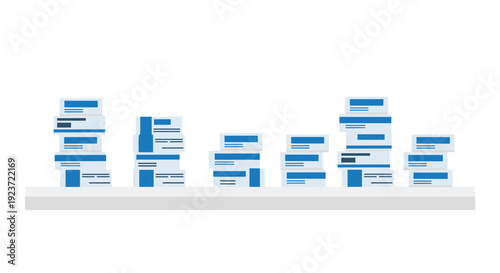 Various stacks of blue and white medical product boxes and vials are arranged on a white shelf.