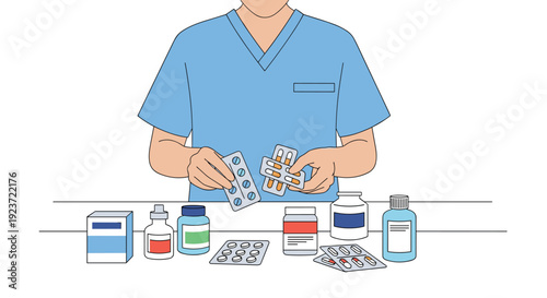 A person in blue scrubs holds various blister packs of pills, with medical bottles and boxes on a counter.