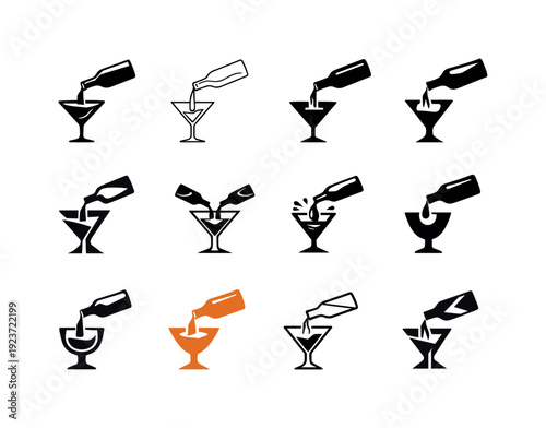 Set of icons showing bottles pouring liquid into various cocktail glasses