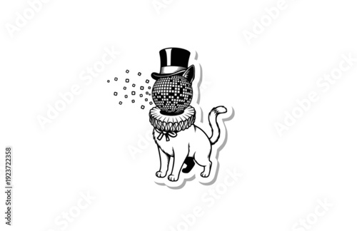 Funny Victorian Cat with Disco Ball Sticker Silhouette. Quirky Surreal Silliness and Humorous Character Design for Gen Z Aesthetic Vector.