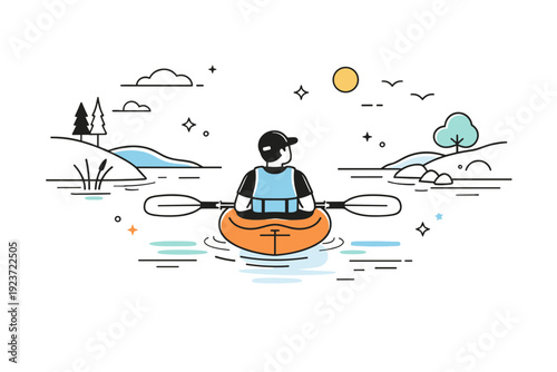 Serene River Kayaking. Kayaking on calm rivers. A kayaker pauses mid-river, paddle resting across the boat while enjoying the surroundings. Serene moment of