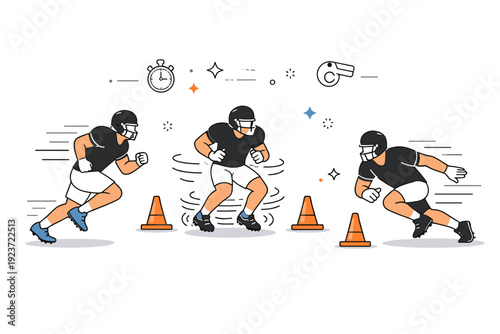 Football preseason conditioning. Speed and agility drills with players sprinting between cones, quick footwork and motion lines showing explosive movement and