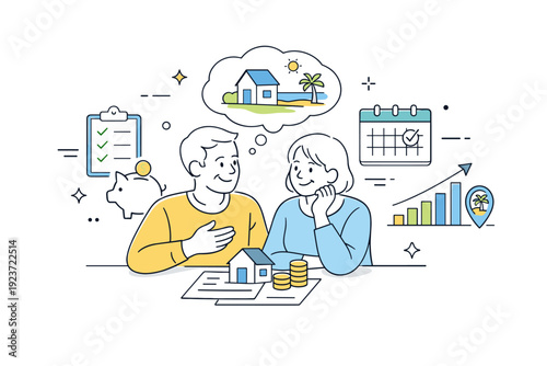 Retirement and future planning. A couple discussing long-term plans with charts and calendar symbols, optimistic mood and sense of security.