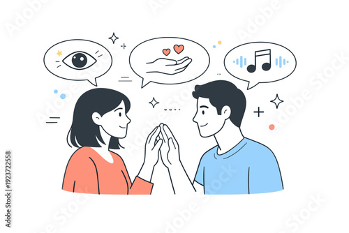 Shared sensory interaction. Two people communicating face to face, with subtle icons for sight, sound, and touch integrated into speech bubbles and gestures.