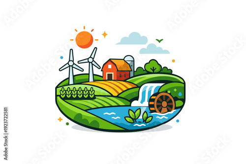 Sustainable agriculture represented as a compact landscape with fields, wind and water elements working together, communicating harmony