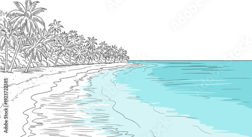 Coastal paradise: hand-drawn beach scene with palm trees and turquoise sea