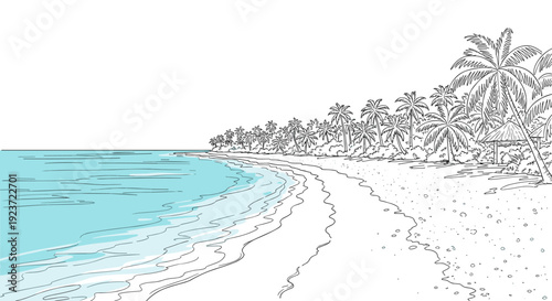 Tranquil beach scene with palm trees and ocean in sketch style