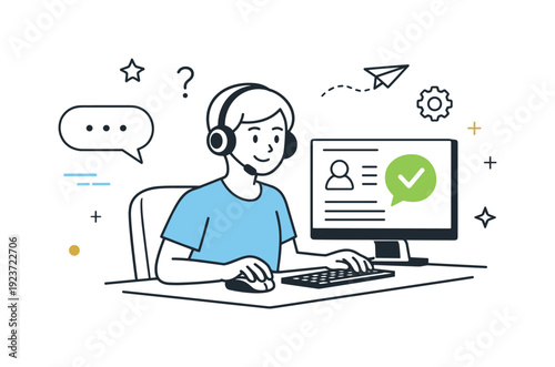 Customer support call center. A seated operator answers calls using a headset while reviewing information on a simple screen. The mood feels
