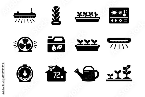 Indoor agriculture systems. Solid icon set of Indoor agriculture systems: LED grow lamp, vertical tower, hydroponic tray, climate control