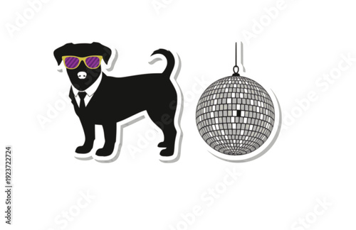 Funny Victorian dog with Disco Ball Sticker Silhouette. Quirky Surreal Silliness and Humorous Character Design for Gen Z Aesthetic Vector.