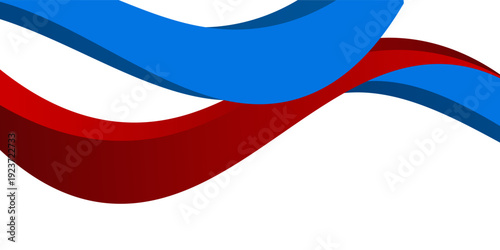 Abstract wave banner with layered red and blue curved ribbons creating dynamic motion on a clean white background