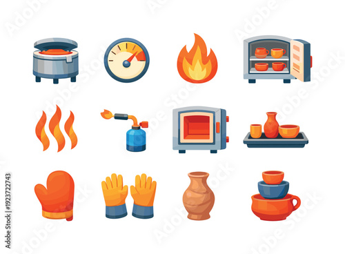 Kiln and firing. Colorful flat vector icons set of Kiln and firing: ceramic kiln,