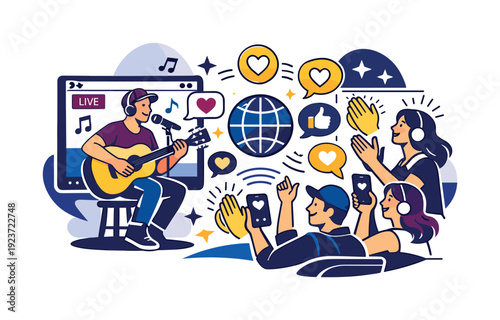 Live online performances. A musician streams a concert to viewers worldwide, glowing icons