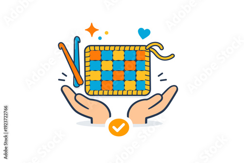 First handmade project a small finished coaster or square swatch presented with pride, representing achievable goals and beginner-friendly