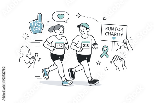 Friends running for charity. A relaxed editorial scene of two runners moving at the same pace, surrounded by minimal crowd hints and floating