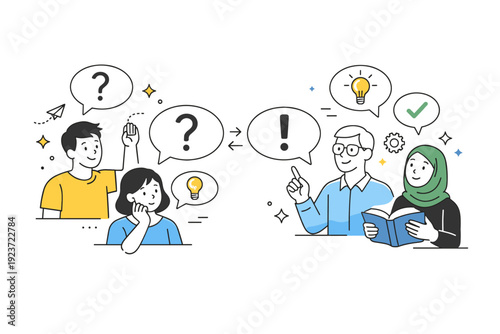 Community knowledge sharing. People asking questions and offering answers through simple dialogue bubbles, calm cooperative mood. Editorial