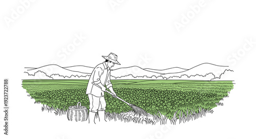 Farmer cultivating field with hand rake in green landscape