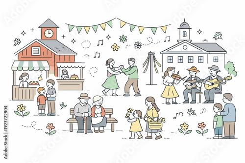 Spring heritage festival scene. A small town square with historic buildings, flags, and people calmly celebrating together, symbolizing tradition passed