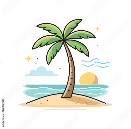 Palm trees tropical calm expressed through a single elegant palm with soft breeze lines and a low sun, conveying relaxation, warmth and a
