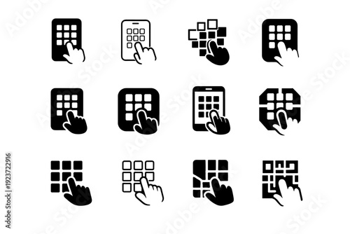 Touchscreen interface. Icon set. Set Logo of Touchscreen interface: smartphone screen grid. harmonious logo variations of the same emblematic