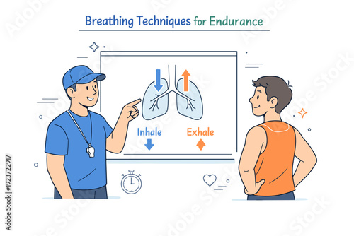 Breathing techniques for endurance. Coach explaining breathing patterns to an athlete, pointing at simple lung and arrow diagram, supportive instruction and