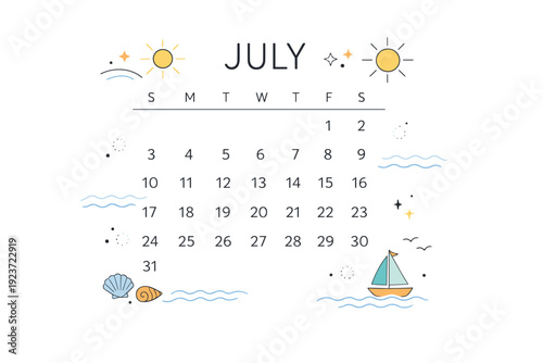 Summer calendar design. A simple calendar page with sun icons, waves, and airy shapes placed around dates. Relaxed seasonal rhythm and bright yet calm mood.
