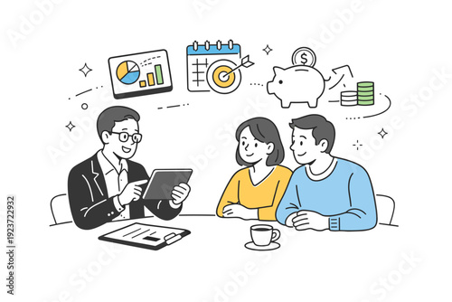 Financial planning and investment services. Advisors and clients reviewing charts and savings plans on tablets, calm discussion about