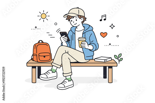 Relaxed weekend outfit. A person sitting on a bench wearing casual clothes, scrolling on a phone or holding a coffee cup. Leisure time,