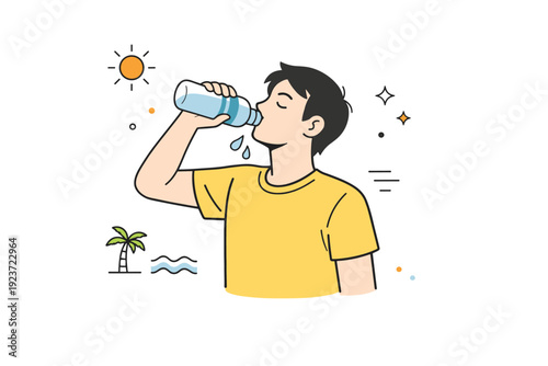 Cooling off with water. A character drinking from a bottle or splashing water on their face. Simple everyday action expressing refreshment and summer heat