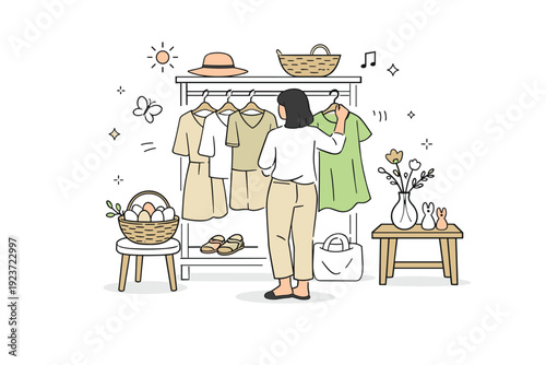 Easter natural textile outfits. Person choosing an outfit in front of a minimal wardrobe, natural color palette and simple cuts, thoughtful