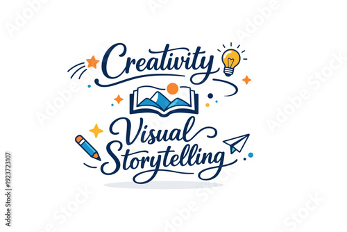 Typography in calligraphy expressing creativity and visual storytelling. A friendly scene combining flowing text fragments with small stars and dots to suggest