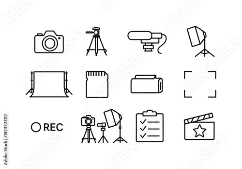 Video Recording Setup. Line outline icon set of Video Recording Setup: camera body, tripod