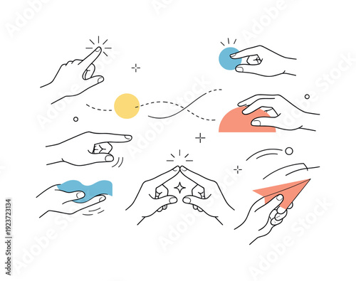 Collection of abstract line art hands performing various actions and interactions with shapes