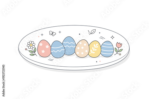 Easter ceramic platter scene. A single oval platter decorated with hand-painted eggs and floral motifs, arranged with minimal decorative