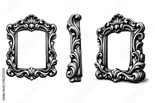 Ornamental baroque-style border frame object shown in three views including front view, side view, and three-quarter view emphasizing