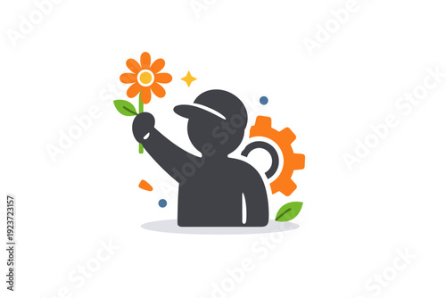 Workers celebration spring joyful labor day mood built around a single figure silhouette with a flower and gear symbol, conveying appreciation, progress, and