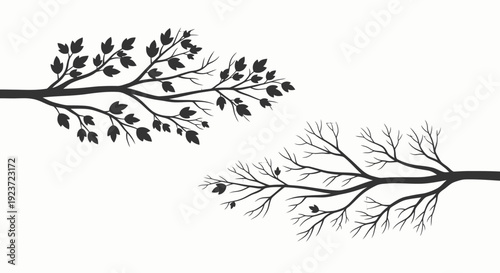 Two stylized black tree branches, one with leaves and one bare, against a white background.
