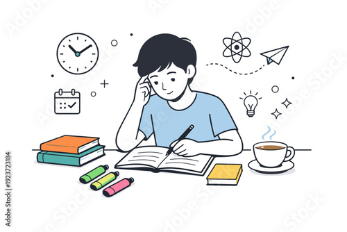 Exam season study scene. A calm editorial illustration of a student sitting at a desk with notebooks, highlighters, and a cup of tea, deeply focused on