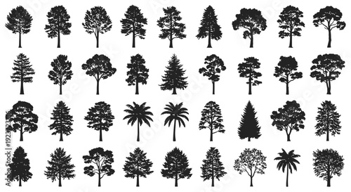 A comprehensive collection of diverse tree silhouettes, showcasing various species and shapes for design purposes.