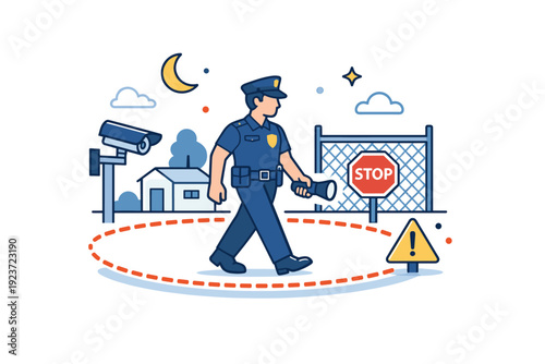Patrol mission security concept illustrated as a controlled perimeter walk with simple environmental elements, communicating protection,