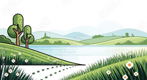 A serene landscape illustration featuring rolling green hills, a tranquil lake, and scattered wildflowers under a clear sky.