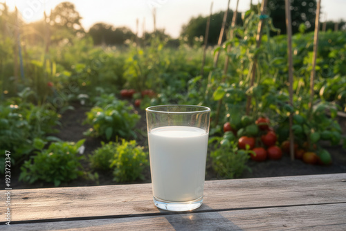 Fresh glass of milk on rustic wooden table in organic vegetable garden at sunset, natural farm dairy concept with healthy nutrition, sustainability, countryside lifestyle and freshness