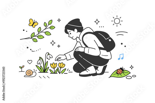 Spring equinox nature walks ? observing blooming plants. A gentle scene with a person stopping to look at first flowers and fresh leaves, small botanical