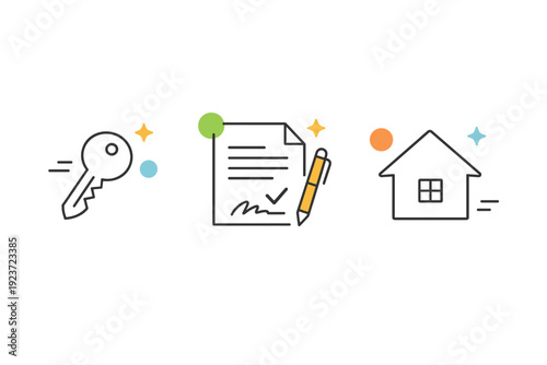 Real estate objects minimal tools. Icons showing key, contract document, and house outline together. Quiet transactional mood with friendly, simple forms.